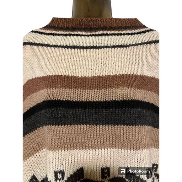 Vintage Handmade Poncho XL Southwestern Western Fringed Striped Cape Snow Stars - Picture 3 of 5